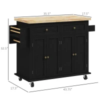 HOMCOM Modern Rolling Kitchen Island Cart with Spice Rack, Distressed Black(m-3)