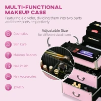 HOMCOM Rolling Makeup Train Case, Large Storage Cosmetic Trolley, Lockable Traveling Cart Trunk with Folding Trays, Swivel Wheels(m-4)