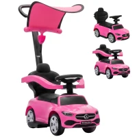 Qaba 3 in 1 Toddler Push Car Licensed Benz with Push Handle, Guardrails, Canopy, Horn, Music, Storage for 18-36 Months, Pink(m-11)
