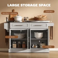HOMCOM Rolling Kitchen Island Cart with 47" Stainless Steel Top, Portable Island Table for Kitchen with Wheels, Adjustable Shelves, 2 Drawers, Spice, Knife and Towel Rack, Gray(m-6)
