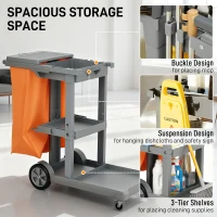 HOMCOM Commercial Janitorial Cart with 3 Tier Shelves, Cleaning Cart with Rubbish Bag and Mop Mount for Hotel Restaurant, Grey(m-4)