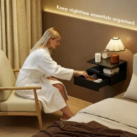 HOMCOM Floating Nightstand Set of 2, Wall Mounted Bedside Table with with Power Outlets, Drawer and Shelf, Black(m-7)