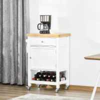 HOMCOM Utility Kitchen Cart, Rolling Kitchen Island with Smooth Rubberwood Top, Narrow Butcher Block Surface on Wheels with Storage Drawer & Cabinet, White(m-2)