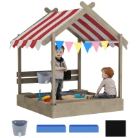 Outsunny Outdoor Wooden Sandbox with Cover for 3-7 Years Old, Backyard, Grey(m-9)