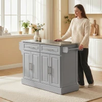 HOMCOM Rolling Kitchen Island Cart with 47" Stainless Steel Top, Portable Island Table for Kitchen with Wheels, Adjustable Shelves, 2 Drawers, Spice, Knife and Towel Rack, Gray(m-9)