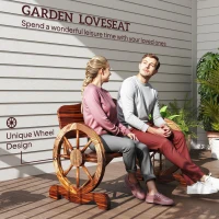 Outsunny Wooden Outdoor Bench, Garden Patio Loveseat with Wagon Wheel Armrests, 528LBS Capacity, Carbonized(m-4)