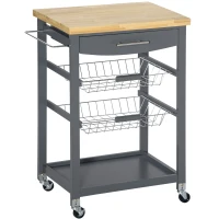 HOMCOM 3-Tier Kitchen Cart, Utility Cart with Solid Wood Top, Steel Basket, Rolling Kitchen Island with Drawer, Microwave Stand, Gray(m-1)