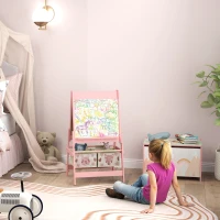 Qaba Toy Box with Lid and Kids Easel with Paper Roll, Blackboard, Whiteboard, Cute Fox Design, for Ages 3-8 Years, Pink(m-2)