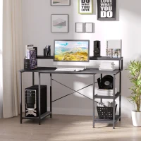 HOMCOM 55 Inch Home Office Computer Desk Study Writing Workstation with Storage Shelves, Elevated Monitor Shelf, CPU Stand, Durable X-Shaped Construction, Grey Wood Grain(m-2)