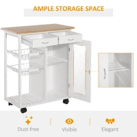 HOMCOM 28" Rolling Kitchen Island with Storage, Kitchen Cart with Solid Bamboo Top, Wire Basket,Door Cabinet and Drawers, White(m-6)