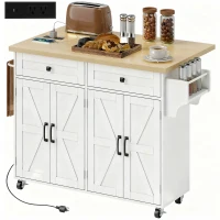 HOMCOM Kitchen Island with Storage, Rolling Kitchen Cart with Charging Station, Drop Leaf, Spice Rack, Towel Rack, Drawers(m-9)
