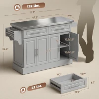 HOMCOM Rolling Kitchen Island Cart with 47" Stainless Steel Top, Portable Island Table for Kitchen with Wheels, Adjustable Shelves, 2 Drawers, Spice, Knife and Towel Rack, Gray(m-4)