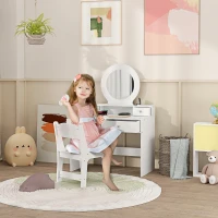 Qaba Kids Vanity Set, Children Makeup Table with Mirror, Stool and Storage Drawers, for Ages 3-8, White(m-1)