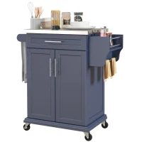 HOMCOM Kitchen Island with Wheels, Rolling Kitchen Island with Storage, Stainless Steel Countertop for Dining Room, Deep Blue(m-1)