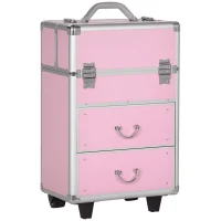 HOMCOM Rolling Makeup Train Case, Large Storage Cosmetic Trolley, Lockable Traveling Cart Trunk with Folding Trays, Swivel Wheels(m-2)