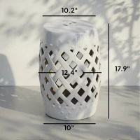 Outsunny 12.5" x 18" Ceramic Garden Stool with Woven Lattice Design & Glazed Strong Materials Decorative Outdoor Stool, White(m-3)