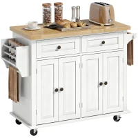 HOMCOM 44" Mobile Kitchen Island Table, Kitchen Island Cart on Wheels with Storage Cabinets, 2 Drawers, White(m-1)