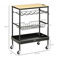 HOMCOM Rolling Kitchen Cart, 3-Tier Utility Storage Trolley with Wine Rack, Mesh Drawer and Side Hooks for Dining Room, Black/Natural(m-4)