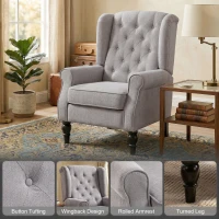 HOMCOM Mid-Century Modern Accent Chair, High Wingback Reading Chair, Button-Tufted Upholstered Fabric Armchair with Retro Wood Legs for Apartment, Living Room, Bedroom, Gray(m-4)