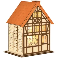 HOMCOM Wooden Christmas Advent Calendar House, Light Up Table Holiday Decoration with 24 Countdown Drawers and LED Lights, for Kids and Adults, Natural and Orange(m-1)