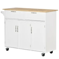 HOMCOM 48" Kitchen Island with Storage and Solid Wood Top, Rolling Kitchen Cart on Wheels with 2 Storage Drawers, 3 Doors and Towel Rack for Dining Room, White(m-11)