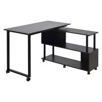 HOMCOM Mobile L-Shaped Rotating Computer Desk with Storage Shelves Moveable Rolling Writing Table Home Office Study Workstation for Home Office, Coffee(m-1)