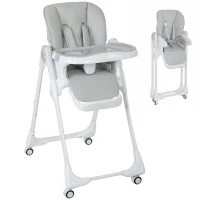 Qaba High Chair with Wheels, Double Tray, Foldable Baby Seat with Adjustable Seat Height, Backrest, Footrest and Tray, Grey(m-13)