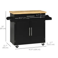 HOMCOM Kitchen Island with Storage, Rolling Cart Trolley with Rubberwood Top, Adjustable Shelf, Drawer, Spice Rack, Black(m-3)