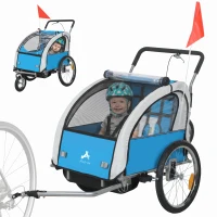 Aosom 2-in-1 Bike Trailer for Kids, Foldable 2-Seat Baby Stroller with 5-Point Harness, Rubber Wheels, Storage Bag, Blue(m-9)