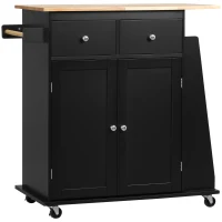 HOMCOM Rolling Kitchen Island Trolley Storage Cart with Rubber Wood Top, 3-Tier Spice Rack, Towel Rack Home Kitchen Carts, Black(m-2)