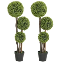 HOMCOM 45 Inch Potted Fake Plant Set of 2, Artificial Boxwood Topiary Tree, Triple Ball Tree for Indoor and Outdoor, Green(m-9)