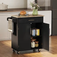 HOMCOM Kitchen Island Cart, Rolling Island Table with Solid Wood Top, Trolley Cart with Drawer, Storage Cabinet & Towel Rack, Black(m-2)