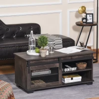 HOMCOM Farmhouse Coffee Table with Storage, Sliding Mesh Barn Door, Industrial Cocktail Table with Adjustable Shelves for Living Room, Dark Brown(m-6)
