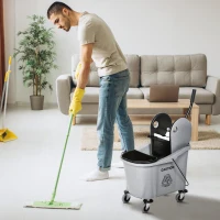 HOMCOM 9.5 Gallon (38 Quart) Mop Bucket with Wringer Cleaning Cart, 4 Moving Wheels, Mop-Handle Holder & 2 Separate Buckets, Gray(m-10)