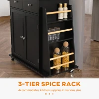 HOMCOM Rolling Kitchen Island Trolley Storage Cart with Rubber Wood Top, 3-Tier Spice Rack, Towel Rack Home Kitchen Carts, Black(m-9)