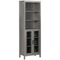 kleankin Tall Bathroom Storage Cabinet with 3 Tier Shelf, Glass Door Cabinet, Freestanding Linen Tower with Adjustable Shelves, Grey Wood Grain(m-1)