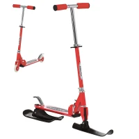 Qaba Snow Scooter, 2 in 1 Design Adjustable Height Scooter Snow Sled for Kids Aged Over 7 Years Old, Foldable Kids Sled Ski Scooter with Wheels Blades, Red(m-2)