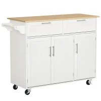 HOMCOM 48" Kitchen Island with Storage and Solid Wood Top, Rolling Kitchen Cart on Wheels with 2 Storage Drawers, 3 Doors and Towel Rack for Dining Room, White(m-2)