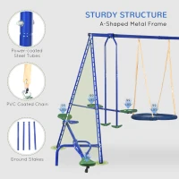 Outsunny 693 lbs Metal Swing Set for Kids, 5 in 1 Outdoor Playset with Heavy Duty A-Frame Stand, 29.5" Saucer Swing, Slide, Teeter-Totter, Glider, for Backyard, Blue(m-5)