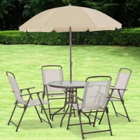 Outsunny 6 Piece Patio Dining Set for 4 with Umbrella, Outdoor Table and Chairs with 4 Folding Dining Chairs & Round Glass Table for Garden, Backyard and Poolside, Beige(m-2)