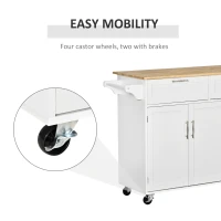 HOMCOM 48" Kitchen Island with Storage and Solid Wood Top, Rolling Kitchen Cart on Wheels with 2 Storage Drawers, 3 Doors and Towel Rack for Dining Room, White(m-6)