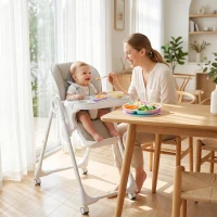 Qaba High Chair with Wheels, Double Tray, Foldable Baby Seat with Adjustable Seat Height, Backrest, Footrest and Tray, Grey(m-8)