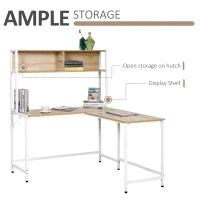 HOMCOM 55 Inch L Shaped Computer Desk with Hutch, Corner Desk for Home Office and Study, Writing Workstation with 2 Storage Compartments, Natural Wood Color(m-4)