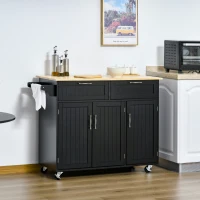 HOMCOM Mobile Kitchen Island with Storage, Kitchen Cart with Wood Top, Storage Drawers, 3-door Cabinets, Adjustable Shelves and Towel Rack, Black(m-10)