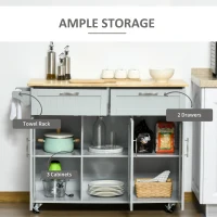 HOMCOM Mobile Kitchen Island with Storage, Kitchen Cart with Wood Top, Storage Drawers, 3-door Cabinets, Adjustable Shelves and Towel Rack, Gray(m-4)