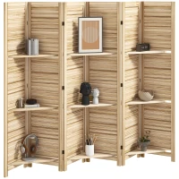 HOMCOM 6 Panel 67" Tall Wood Privacy Screen Room Divider with 3 Shelves and Folding Storage for Bedroom, Natural Wood(m-11)