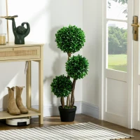 HOMCOM 3ft Artificial Tree, Triple Ball Boxwood Topiary with Pot and Sandalwood Leaves, for Indoor Outdoor Home(m-2)