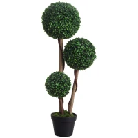 HOMCOM 35 Inch Potted Fake Plant, Artificial Boxwood Topiary Tree, Triple Ball Tree for Indoor and Outdoor, Dark Green(m-9)