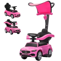 Qaba 3 in 1 Toddler Push Car Licensed Benz with Push Handle, Guardrails, Canopy, Horn, Music, Storage for 18-36 Months, Pink(m-1)