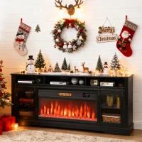 HOMCOM Fireplace TV Stand for TVs Up to 80 Inch, TV Console with Electric Fireplace, Open Storage and Side Cabinets, Black(m-2)